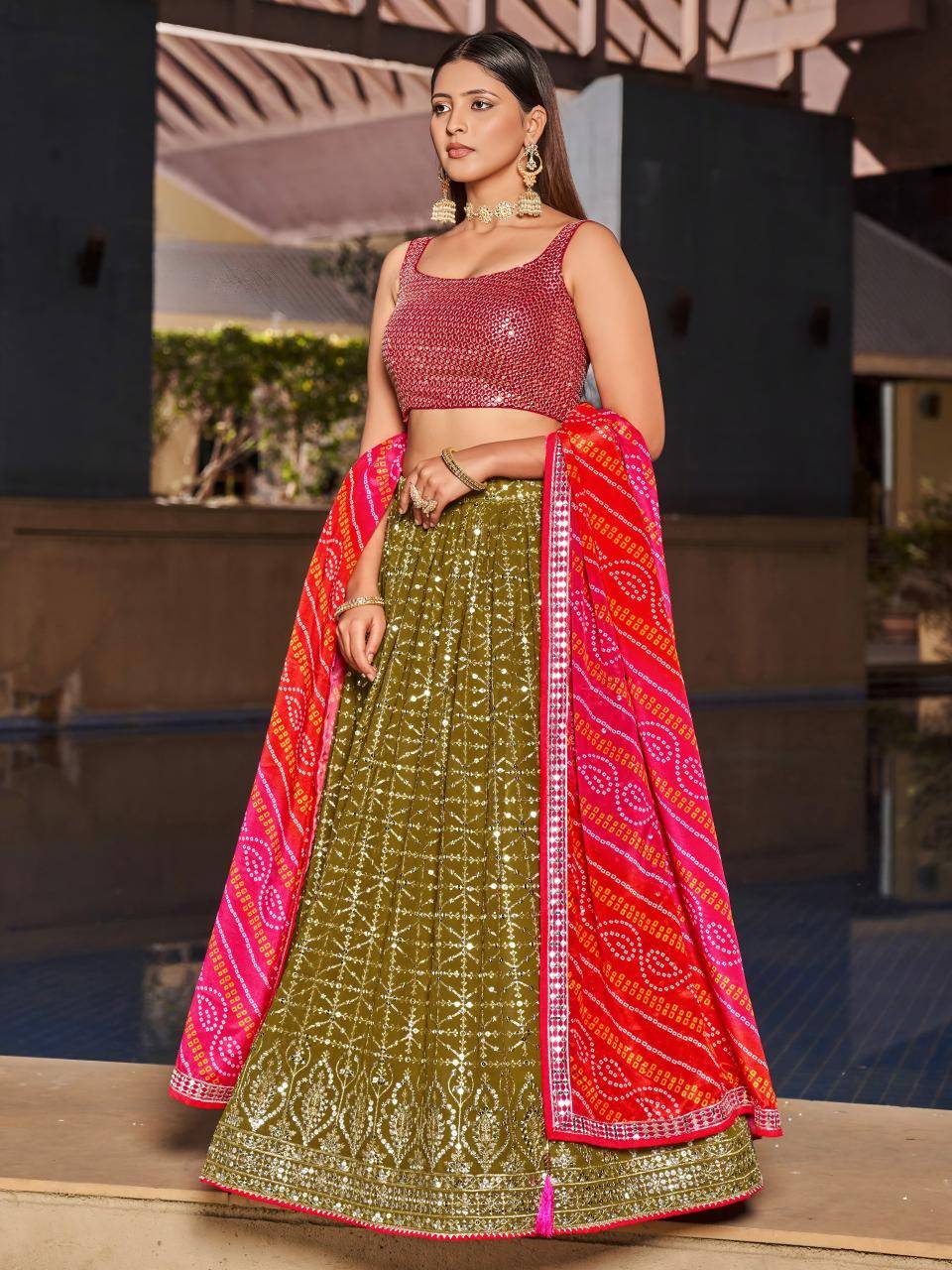 Olive Embroidered Georgette Green Bollywood style lehenga choli wholesale